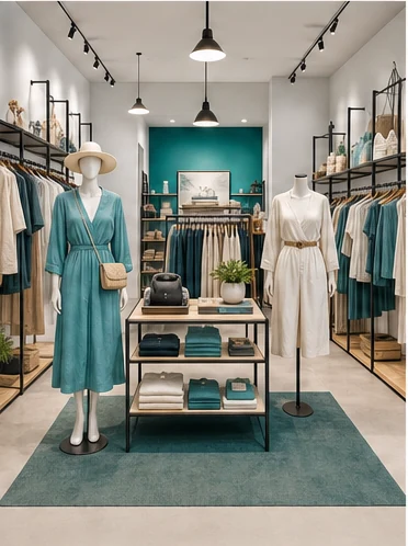 Tienda completa con maniquíes, racks, colgadores y exhibidores
